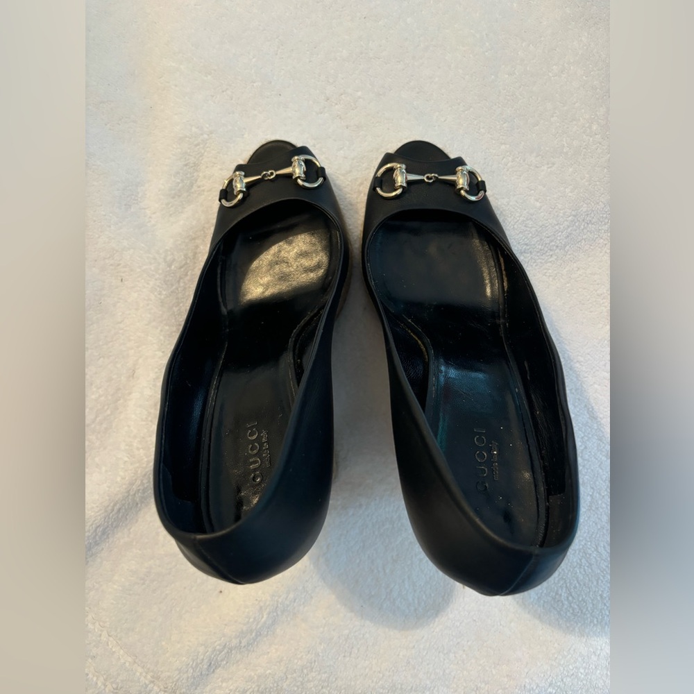 Gucci Black Peep-Toe Wedges